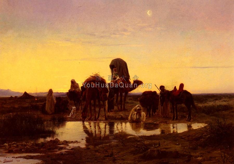 Camel Train By An Oasis At Dawn - 尤金·亚历克·吉卡德特